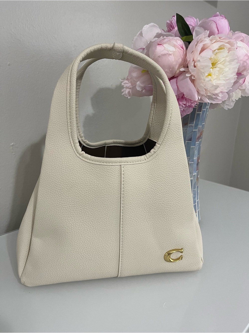 Coach Cream Pebbled Leather Shoulder Bag with Gold 'C' Accent